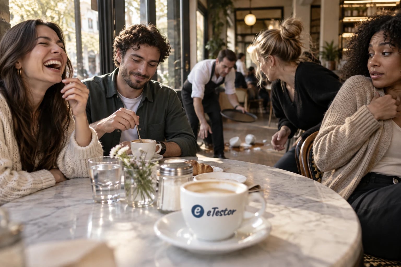 16 Personality Types: Four friends at a café table reacting four different ways as a waiter drops a tray