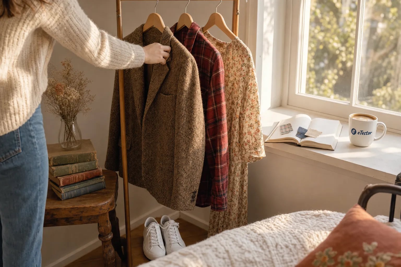 Aesthetic Quiz: A clothes rail with a tweed blazer, a flannel shirt and a floral dress beside old books, dried flowers and an eTestor mug on a sunny windowsill