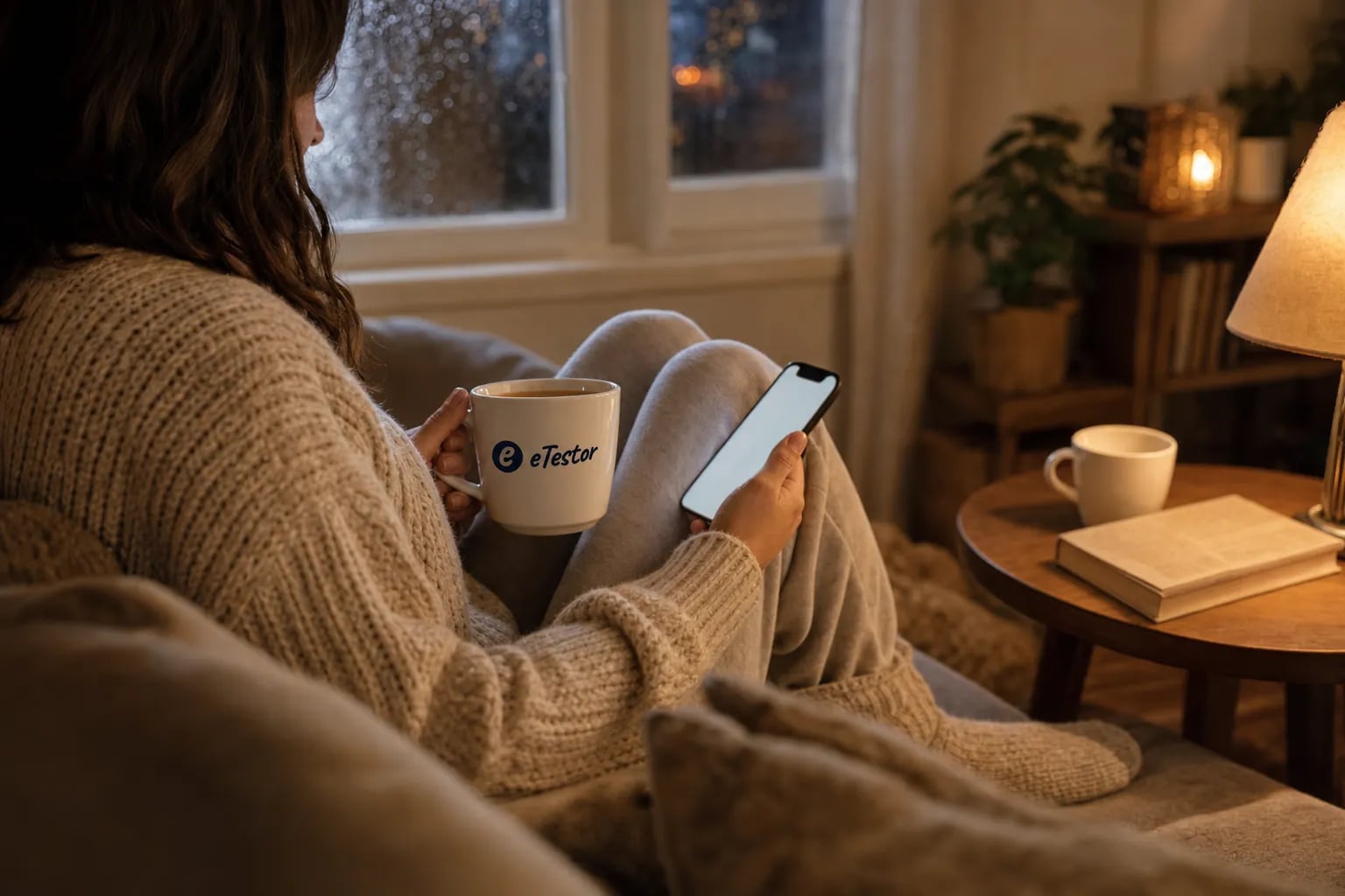Am I in Love Quiz: A person on a sofa holding an eTestor mug, smiling down at a phone that has just lit up with a new message