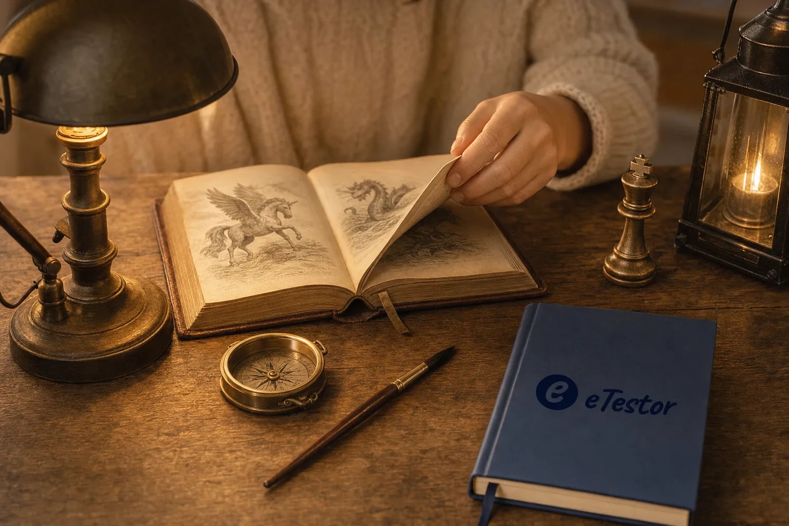 Archetype Test: A lamp-lit desk with an open book of myths, a compass, a chess king, a paintbrush and a lantern, a hand turning the page