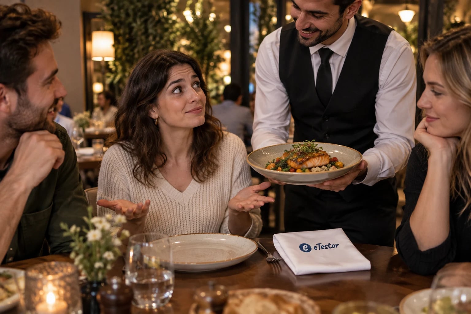 Assertiveness Test: A waiter bringing the wrong dish while your friends look at you