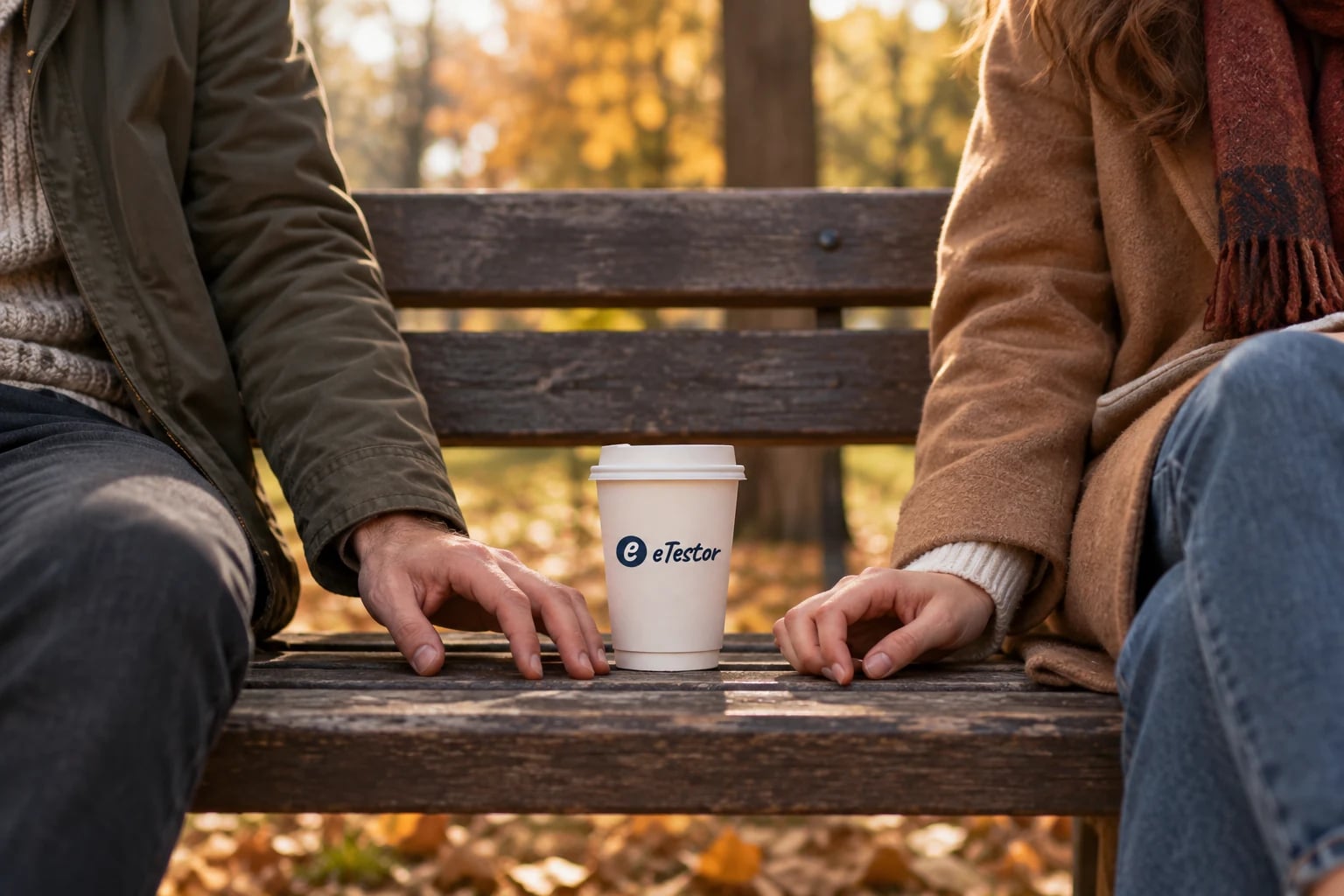 Attachment Style Test: Two people on a park bench, one hand reaching halfway across the gap