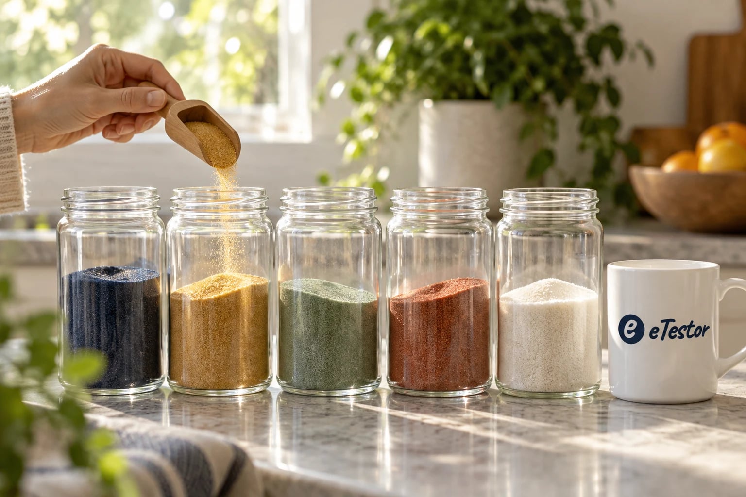 Big Five Personality Test: A hand adding coloured sand to one of five jars, each filled to a different level