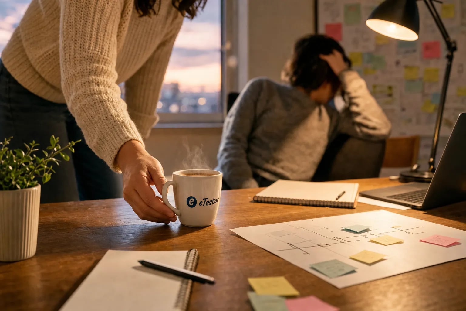 Character Strengths Test: A coworker sliding an eTestor mug of tea to a tired teammate across a desk covered in sticky notes