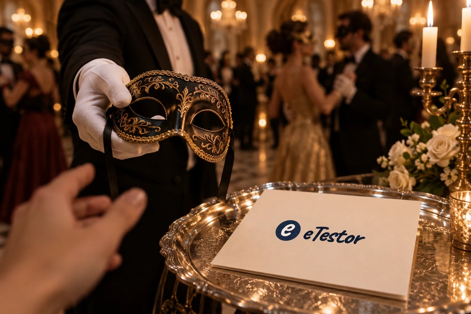Dark Triad Personality Test: A gloved hand offering a black and gold mask at a candlelit masquerade ball