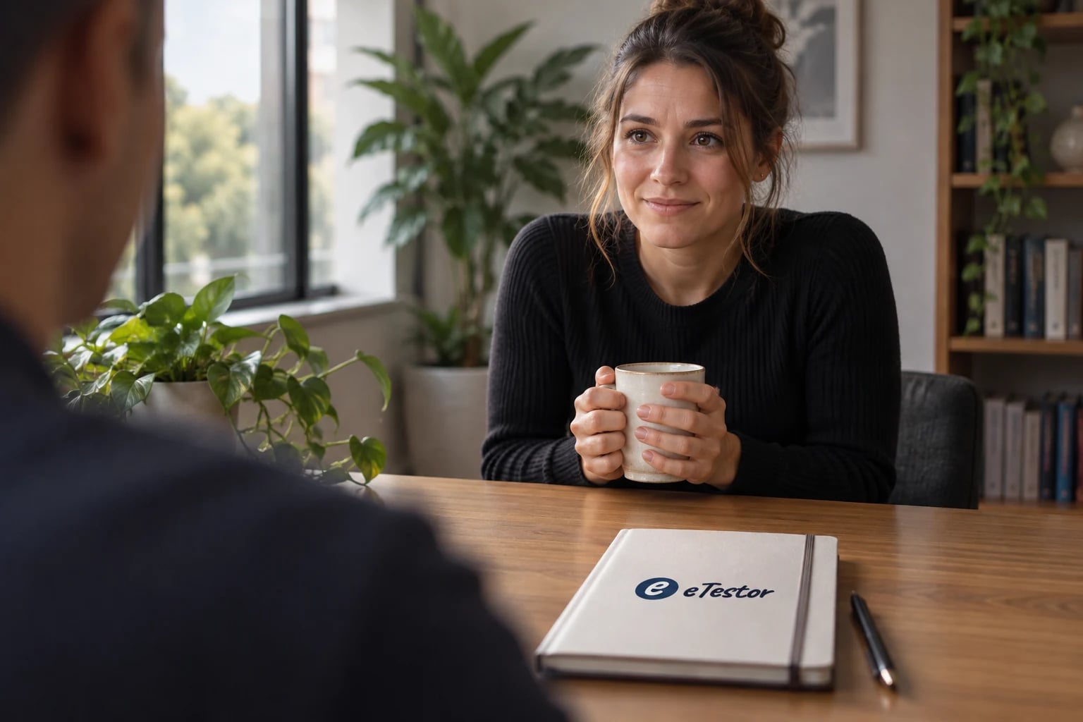 Emotional Intelligence Test: A colleague smiling politely across a table while gripping her cup tightly