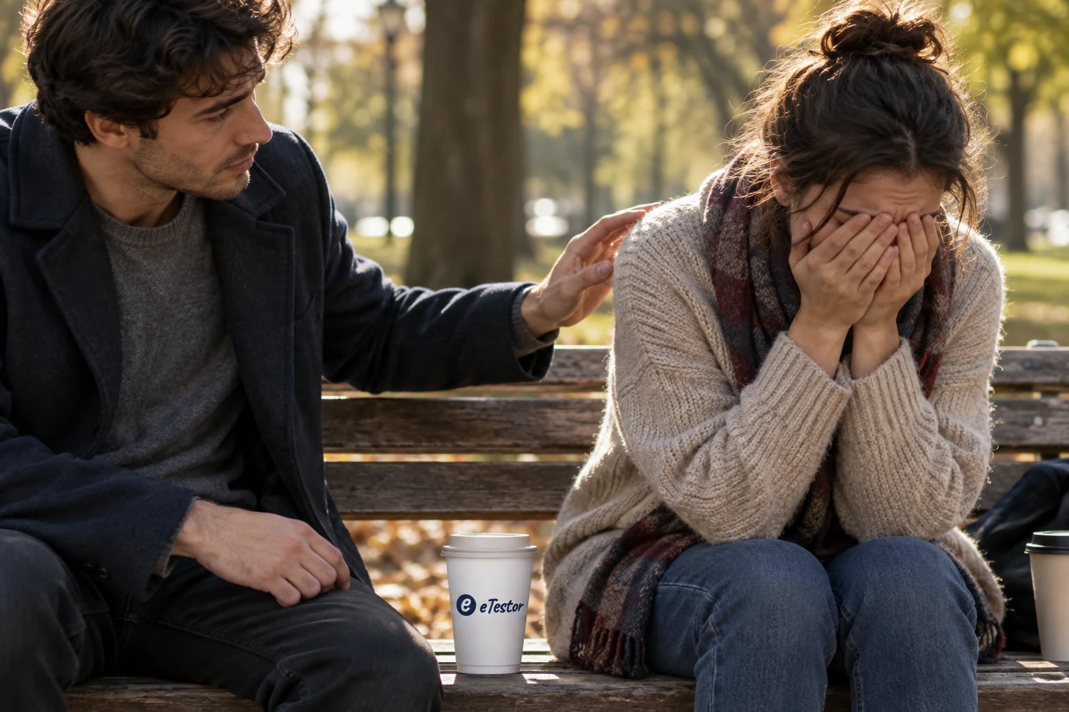 Empathy Test: A stranger crying on a park bench and a hand reaching out to her