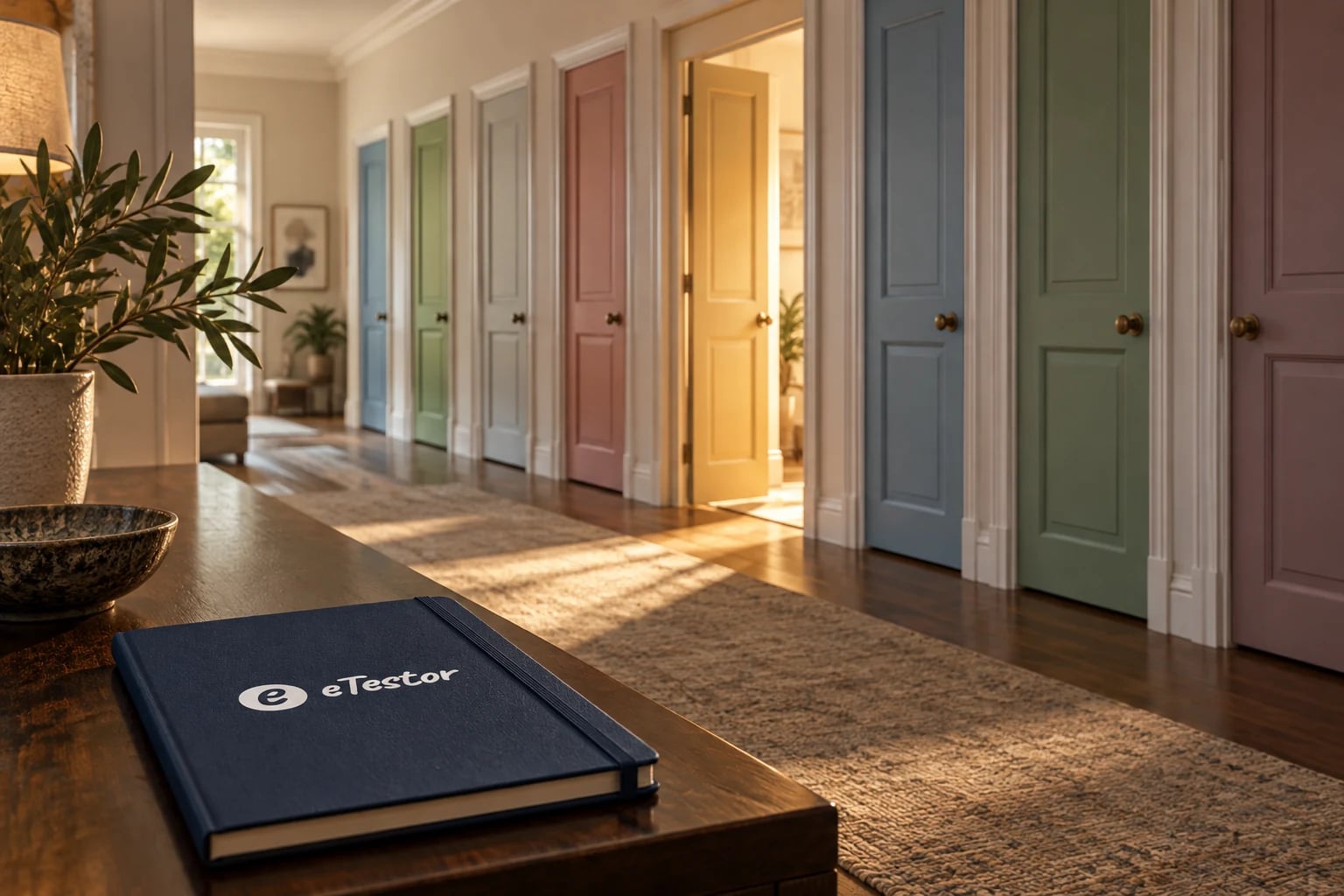 Enneagram Type Test: A hallway of nine coloured doors, one open with warm light behind it