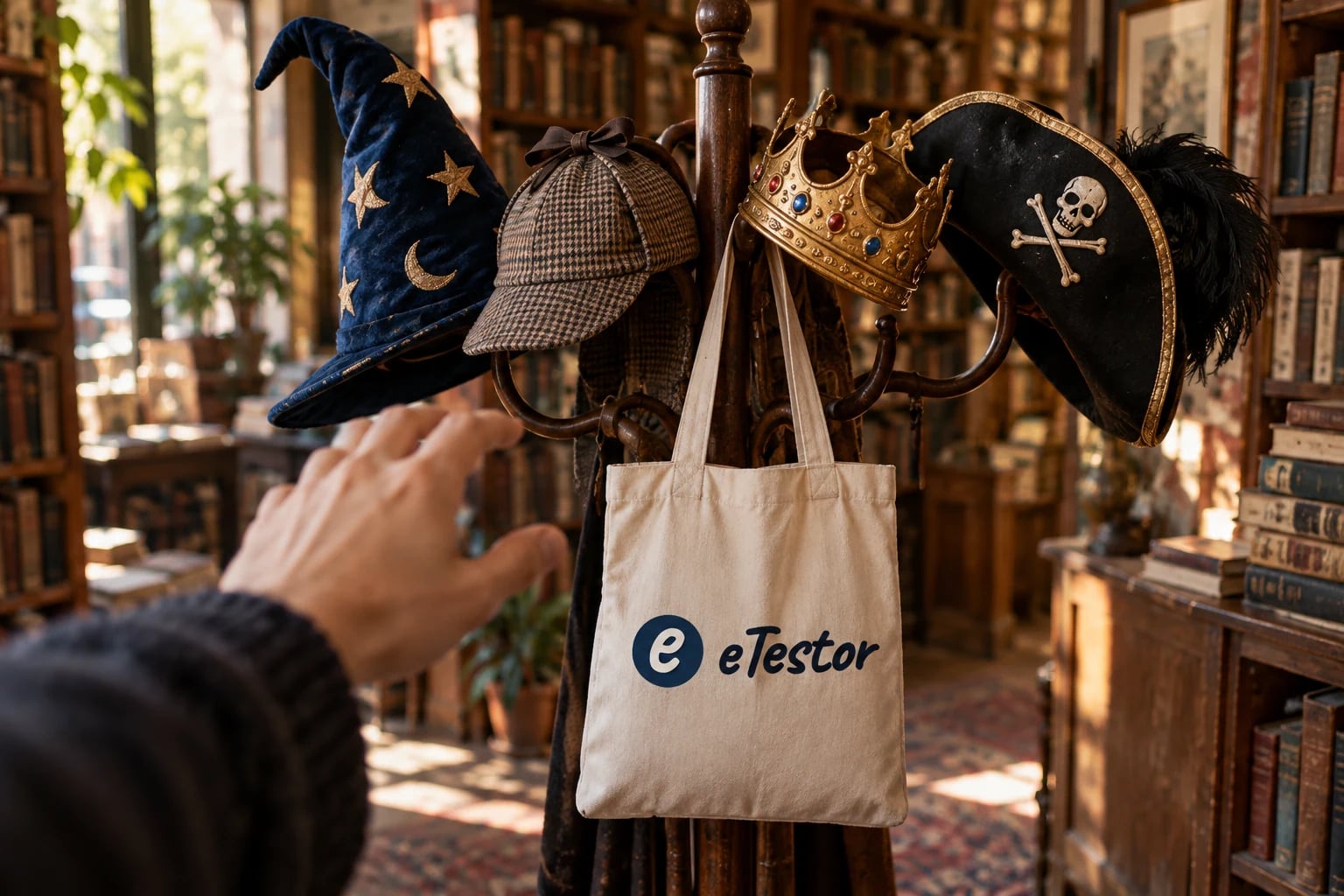Which Fictional Character Are You?: A coat rack with a wizard hat, a detective cap, a crown and a pirate hat