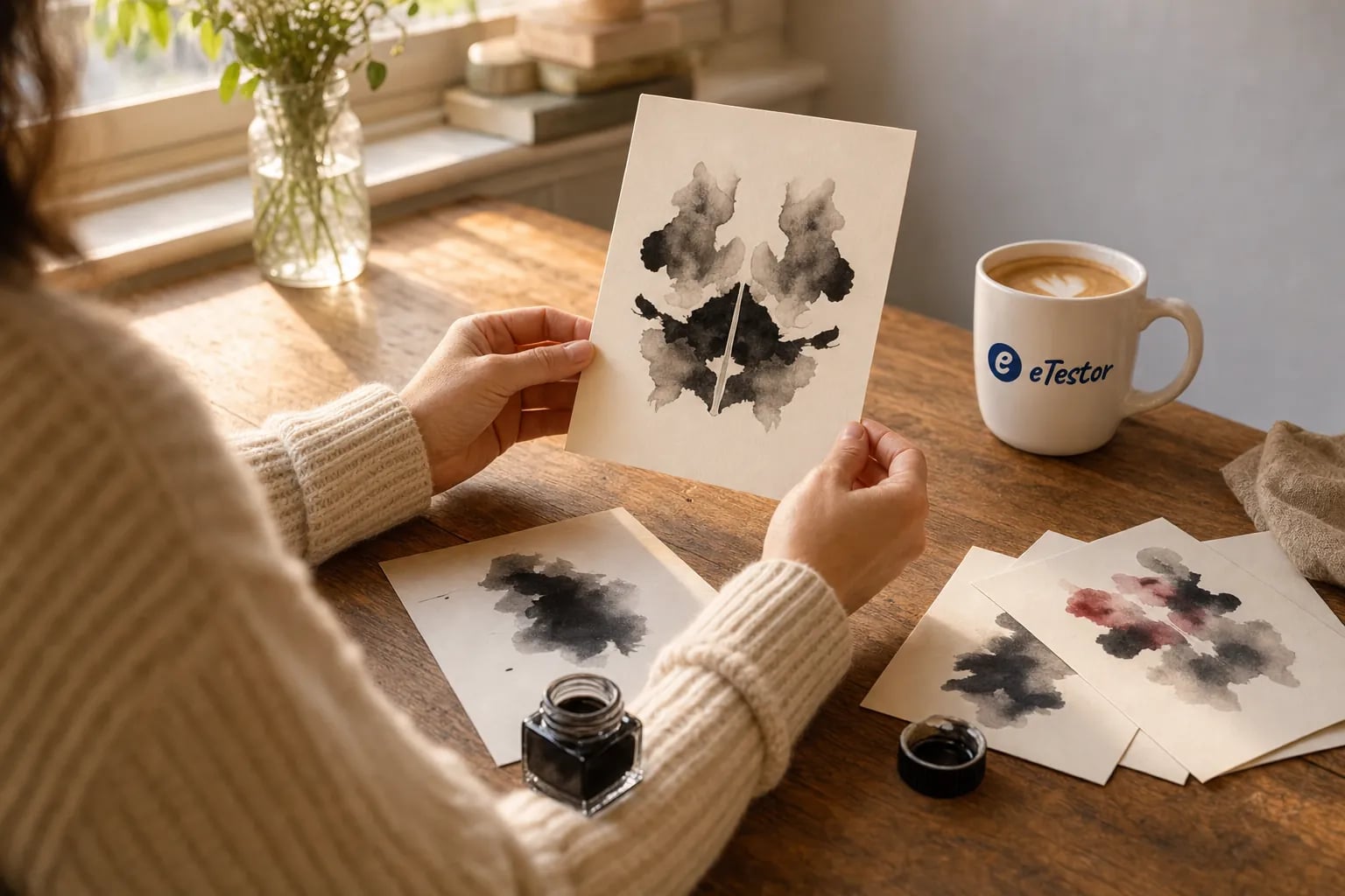 Inkblot Test: Hands holding up a cream ink card with a symmetrical black blot over a wooden desk, more ink cards and an eTestor mug beside them