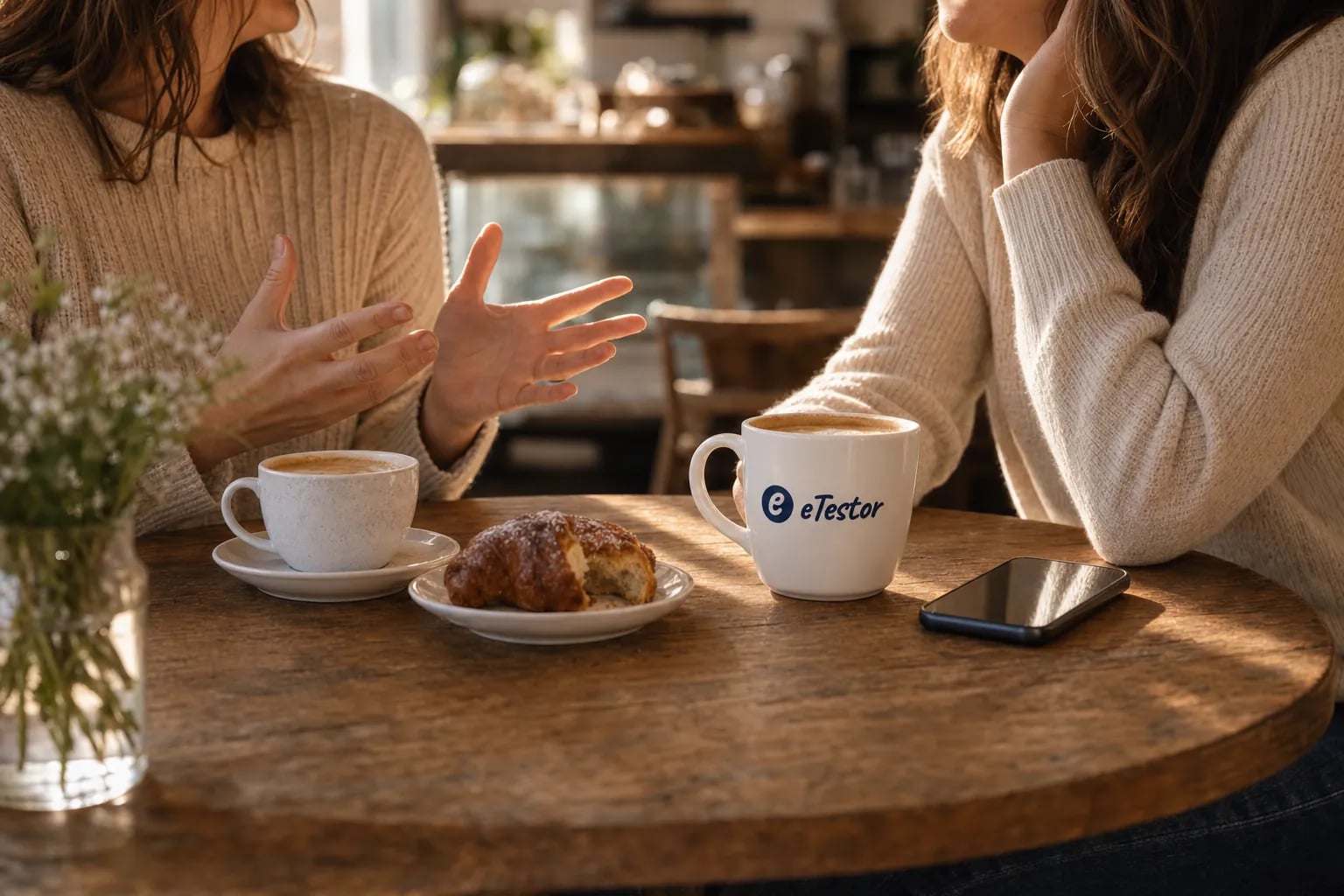 Likeable Person Test: Two friends talking over coffee at a small café table, one telling a story with her hands, the other listening with her phone face down beside an eTestor mug