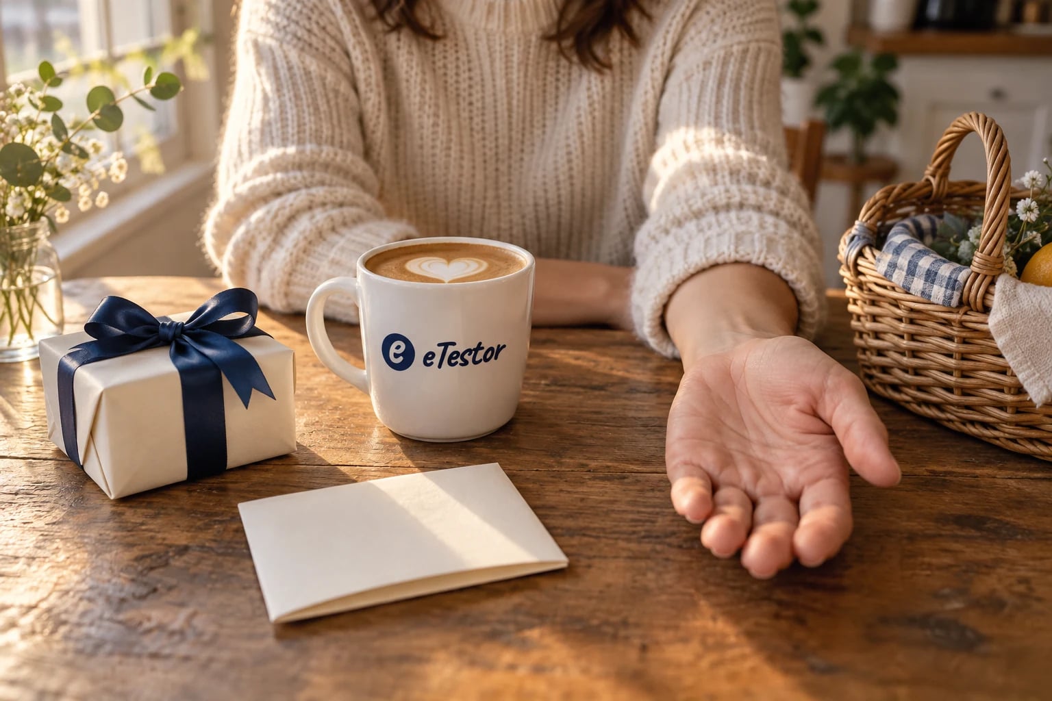 Love Language Test: A partner offering a gift, a note, a coffee, a picnic basket and an open hand across a kitchen table