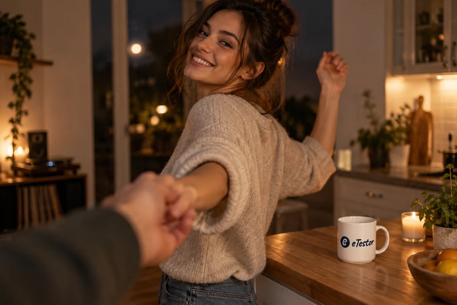 Love Styles Test: A partner smiling and pulling you into a dance in the kitchen at night