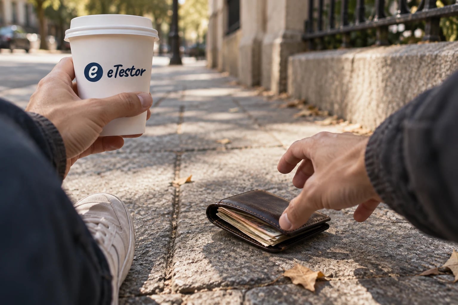 Moral Dilemma Test: What Drives Your Choices?: A wallet full of money on an empty pavement and a hand reaching down