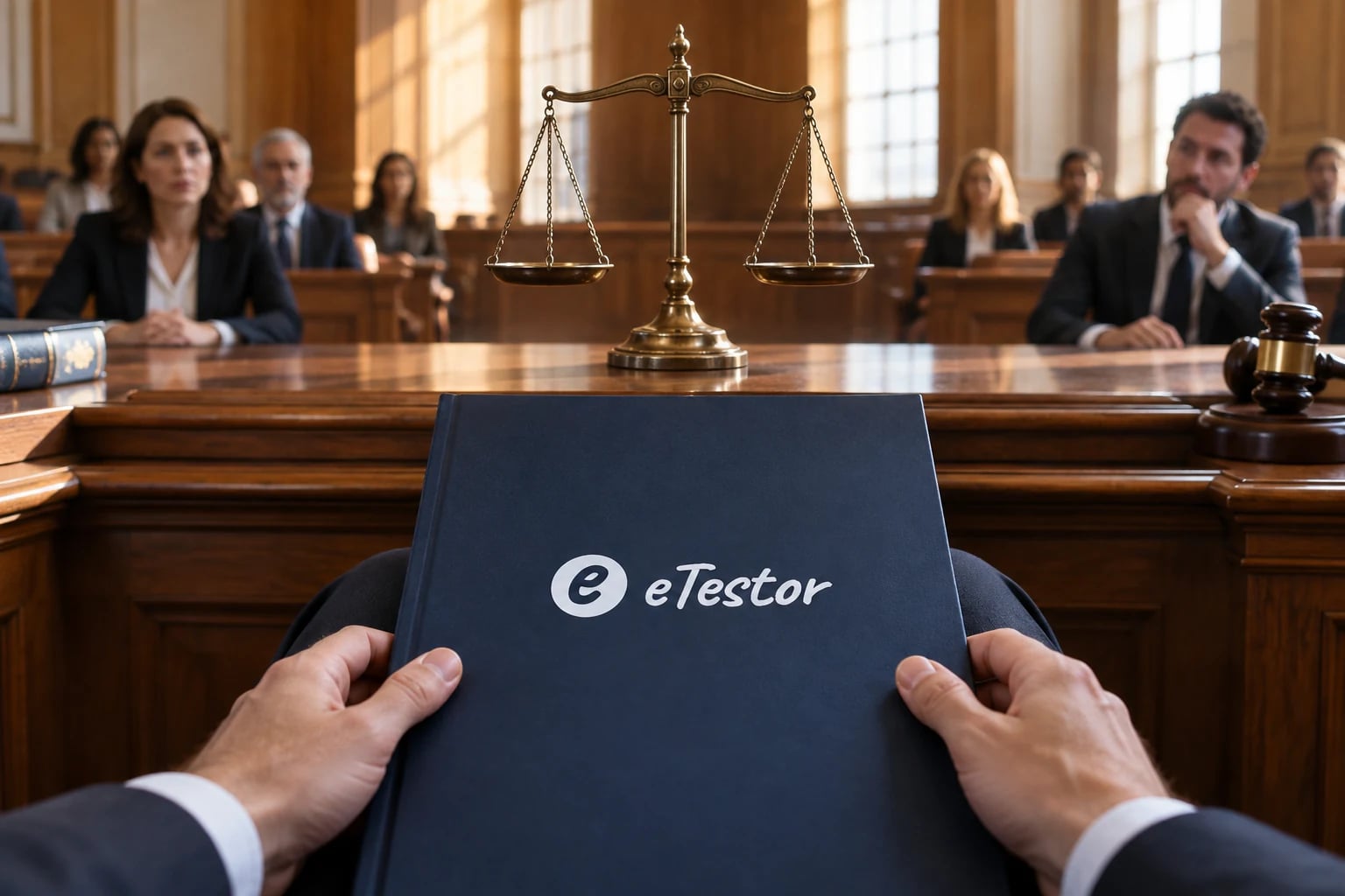 Moral Foundations Test: A courtroom seen from the jury bench, a balance scale on the judge's bench