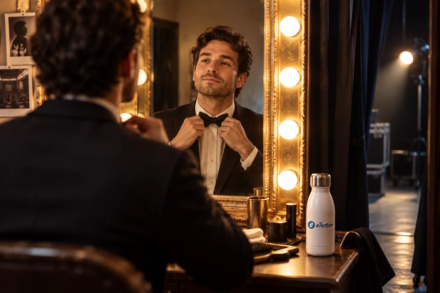 Narcissism Spectrum Test: A man in a tuxedo admiring himself in a backstage mirror