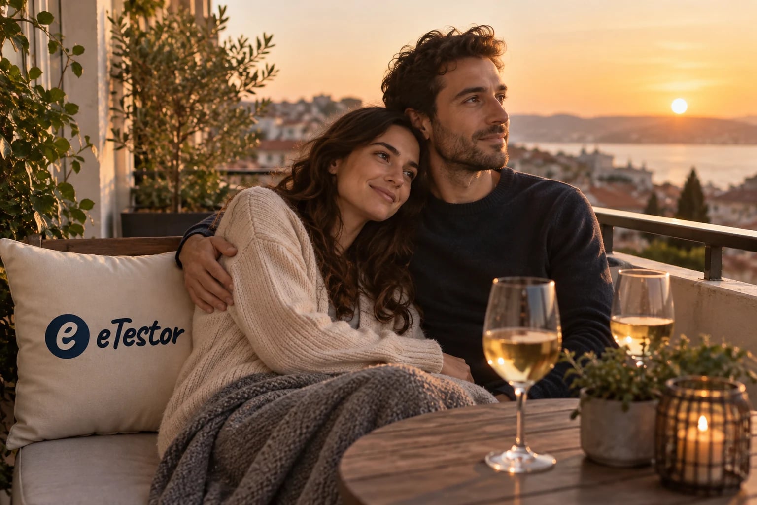 Relationship Satisfaction Test: A couple close together on a balcony at sunset