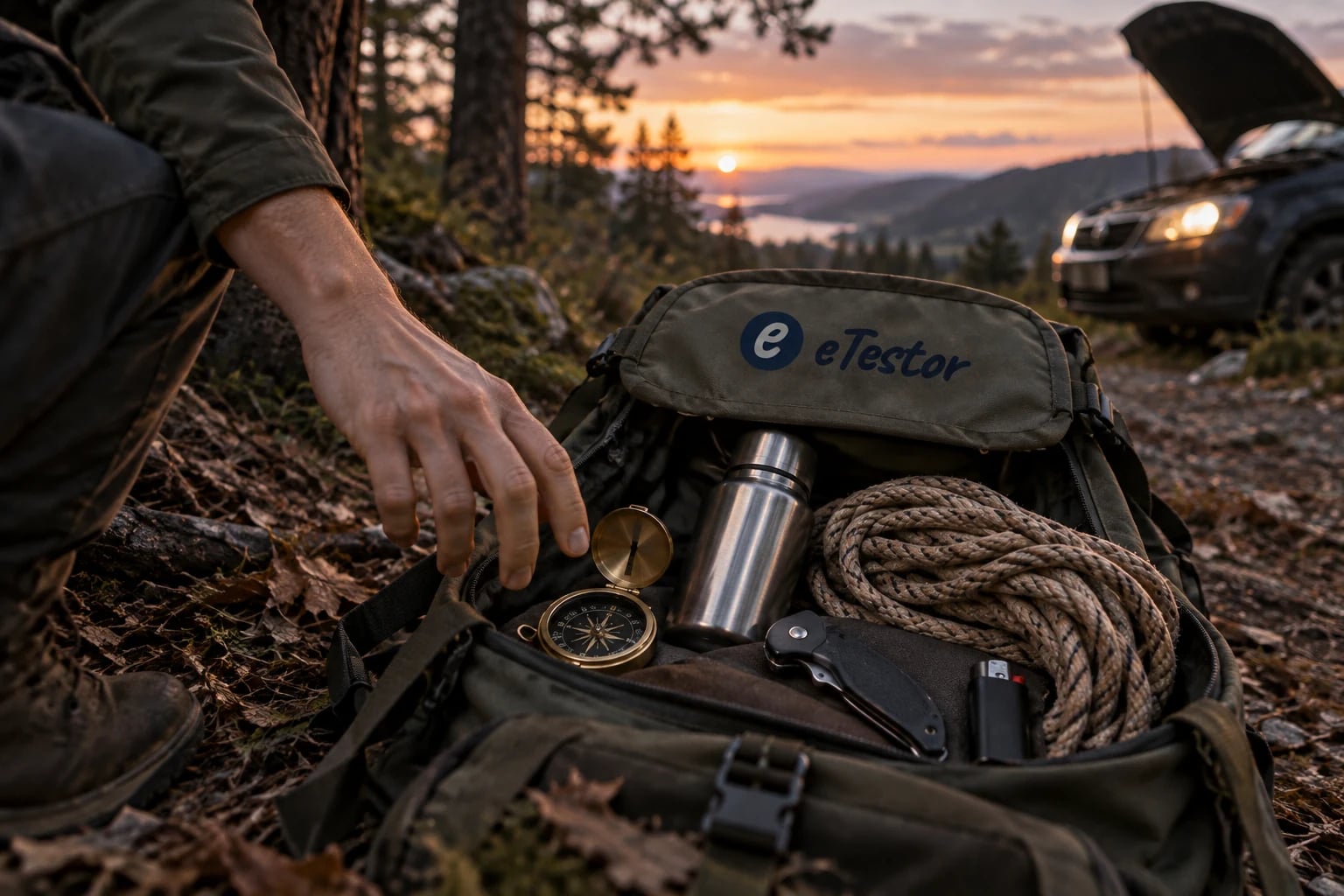 Survival Scenario Test: Who Are You When It All Goes Wrong?: An open backpack with a compass, rope, flask and knife beside a broken-down car at dusk