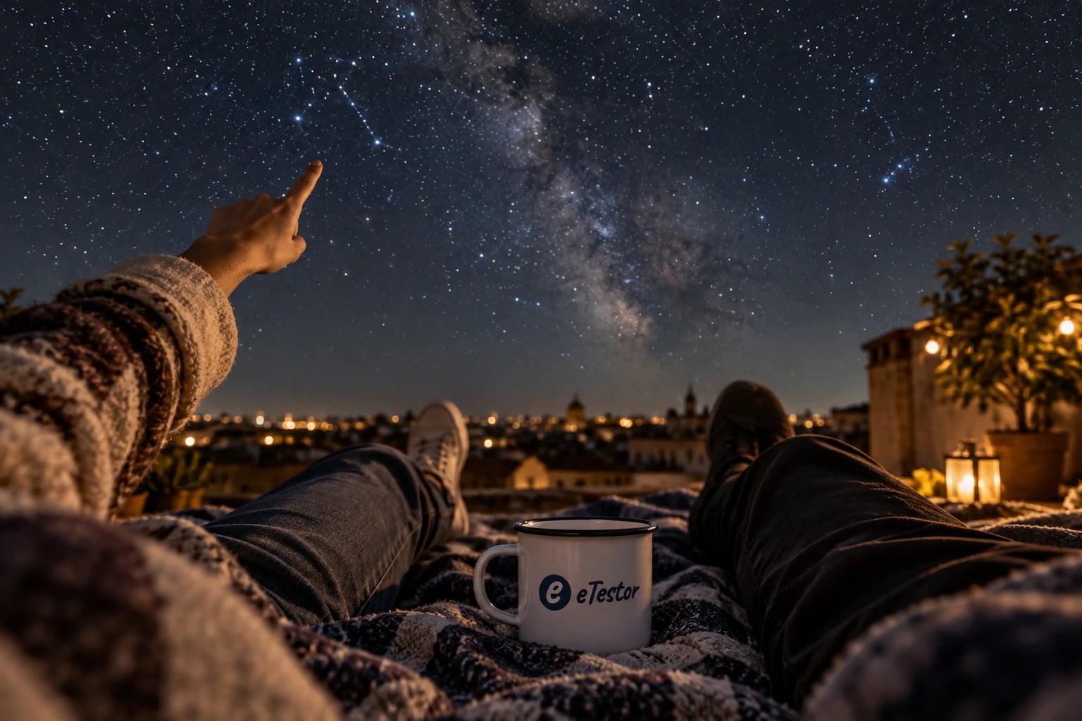 Which Zodiac Sign Are You Actually?: A starry night sky seen from a rooftop, a friend pointing at the constellations