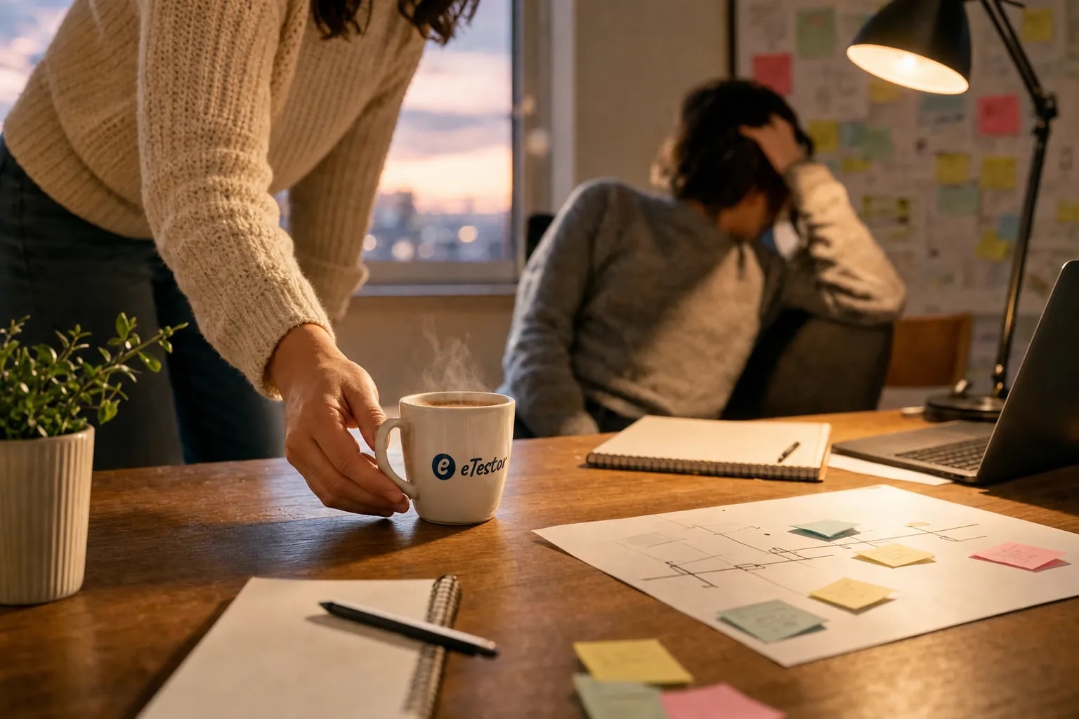 Character Strengths Test: A coworker sliding an eTestor mug of tea to a tired teammate across a desk covered in sticky notes