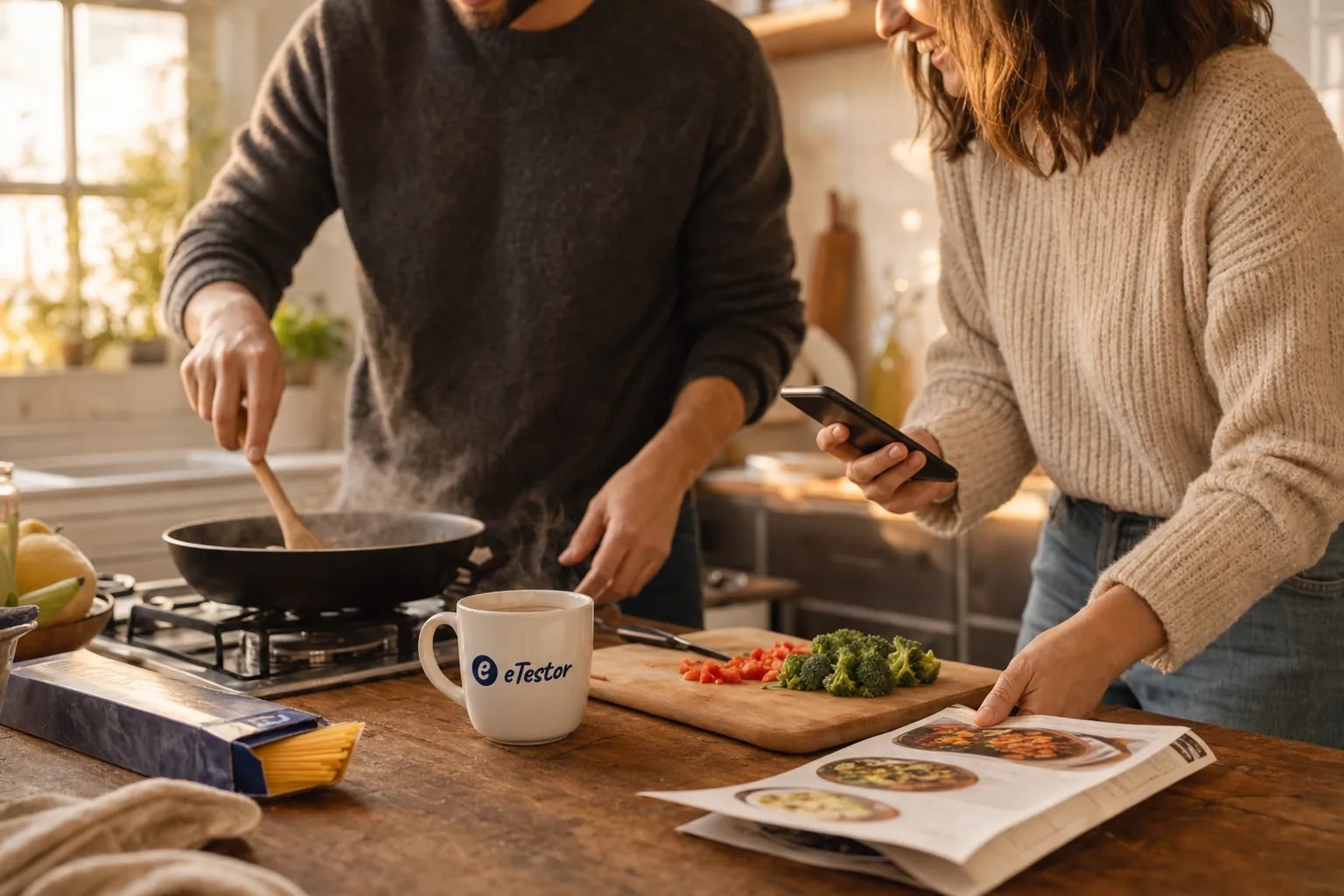 Compatibility Test for Couples: A couple cooking side by side in a small kitchen, one stirring a pan while the other checks a recipe, an eTestor mug on the counter