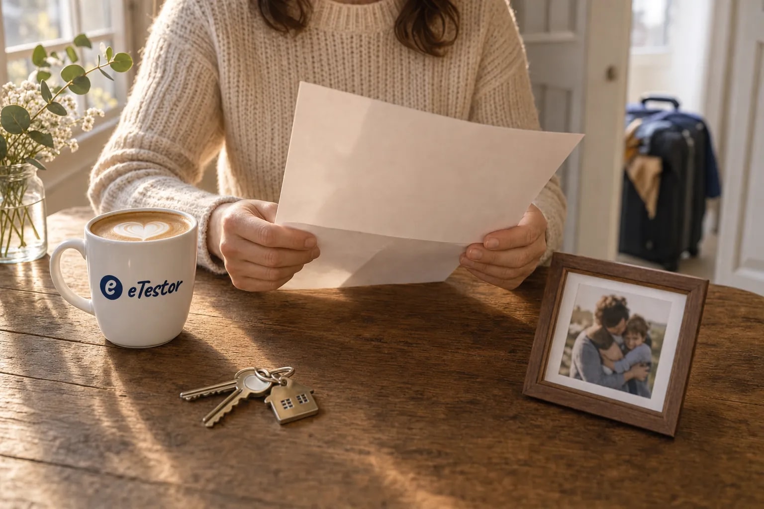 Core Values Test: Hands holding a job offer letter at a kitchen table beside a family photo, a set of house keys and an eTestor mug