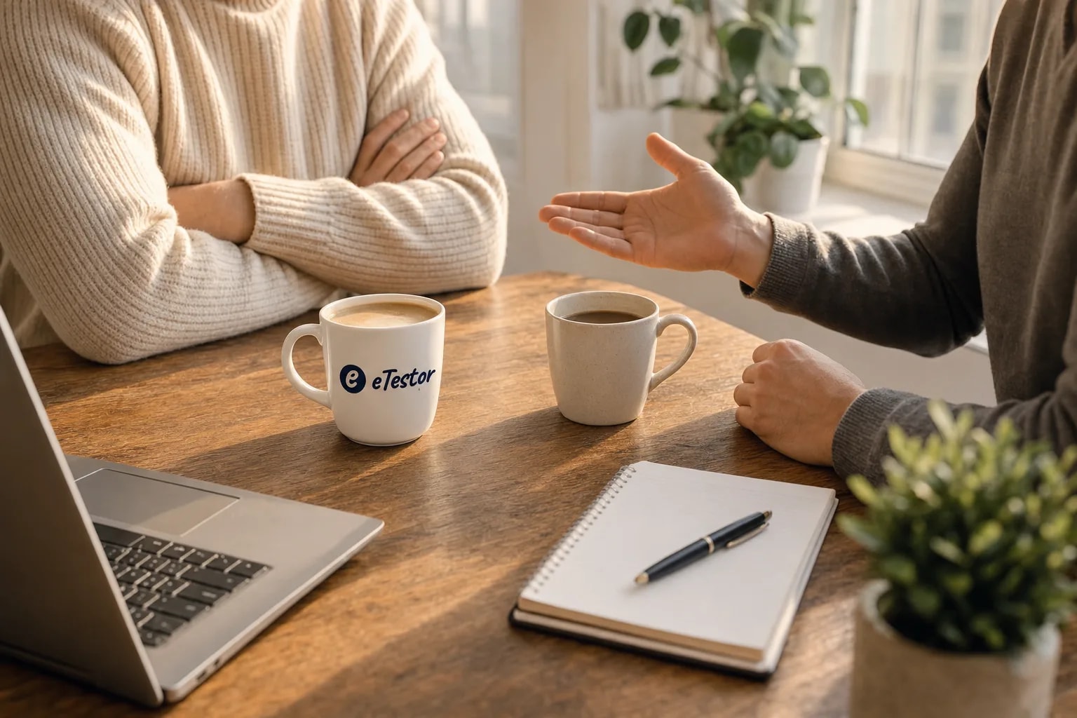 Difficult Person Test: Two coworkers at a table, one leaning back with arms crossed, the other gesturing mid-sentence over two coffees