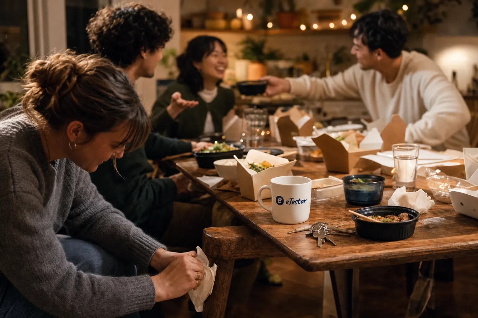 Friendship Test: Four friends around a kitchen table at night sharing takeout, one laughing, one listening closely, one passing a dish, next to an eTestor mug