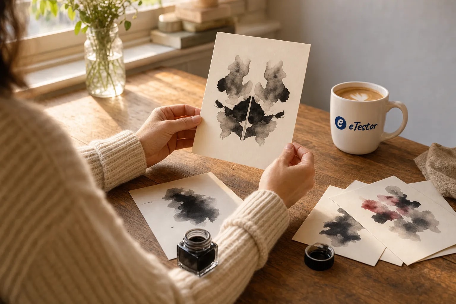 Inkblot Test: Hands holding up a cream ink card with a symmetrical black blot over a wooden desk, more ink cards and an eTestor mug beside them
