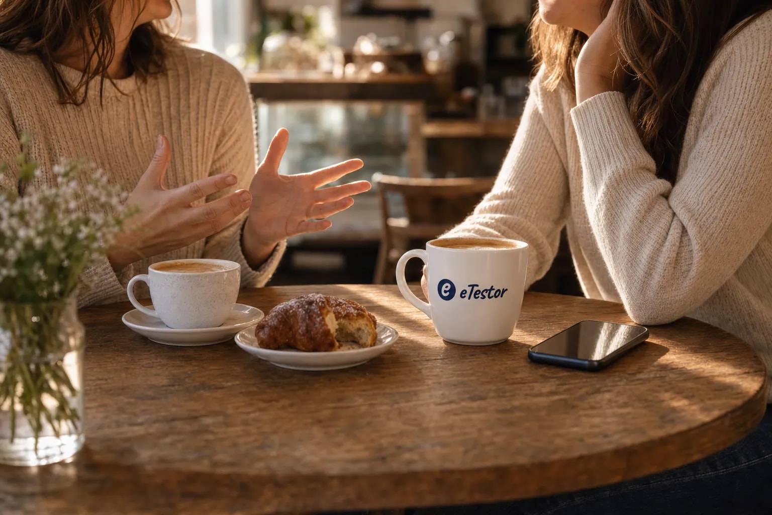 Likeable Person Test: Two friends talking over coffee at a small café table, one telling a story with her hands, the other listening with her phone face down beside an eTestor mug