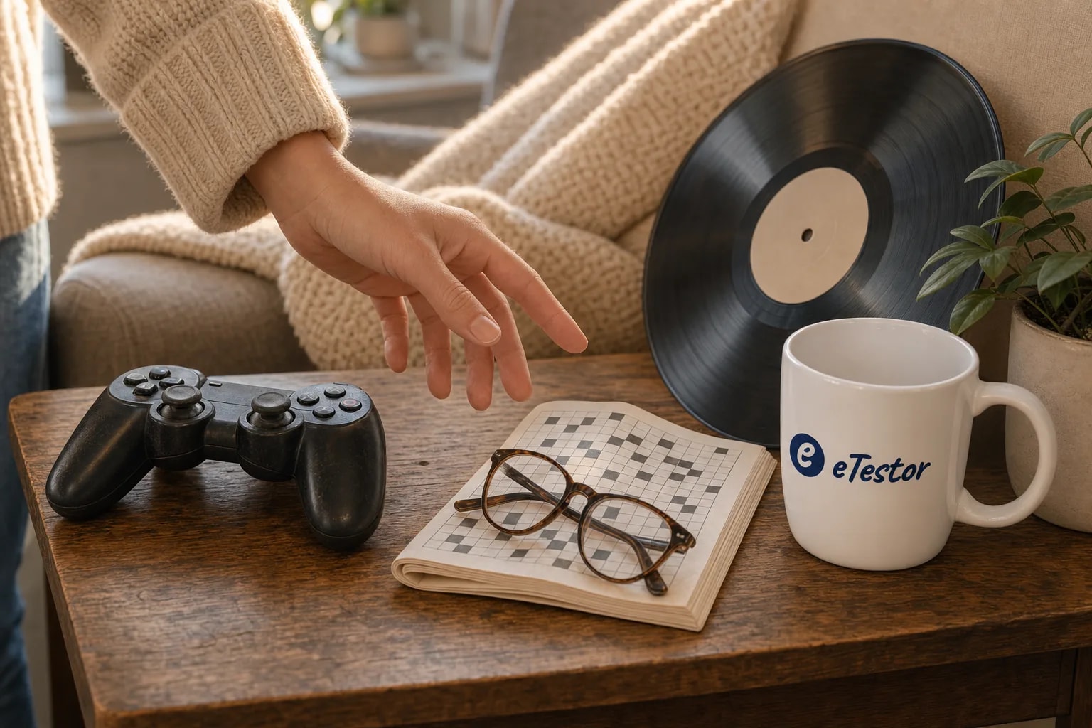 Mental Age Test: A side table with a game controller, reading glasses on a crossword and a vinyl record, a hand hovering between them