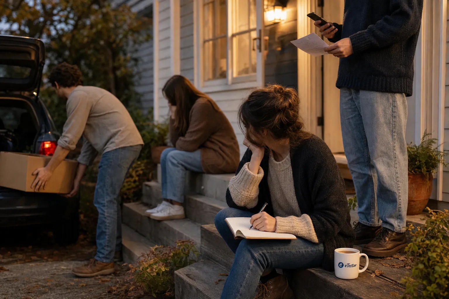 Soldier, Poet or King Quiz: Friends on a porch at dusk around one who had bad news: one loads a moving box into a car, one writes in a notebook beside an eTestor mug, one holds a written plan
