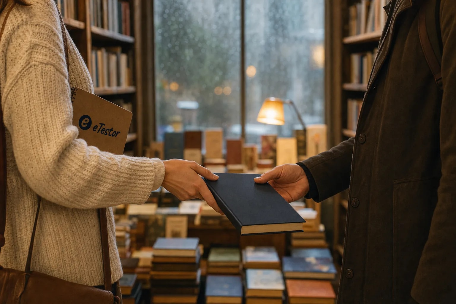 Soulmate Test: Two strangers in a bookshop on a rainy afternoon, one passing a dark hardback to the other, an eTestor notebook under one arm