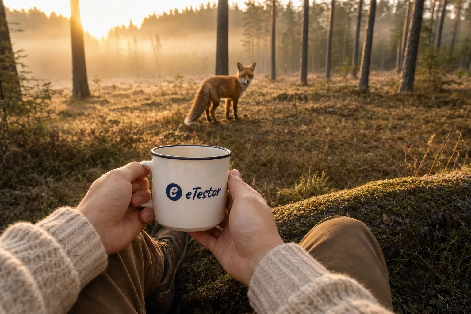 Spirit Animal Test: Hands holding an eTestor mug at the edge of a misty pine forest at sunrise while a red fox looks back from the clearing