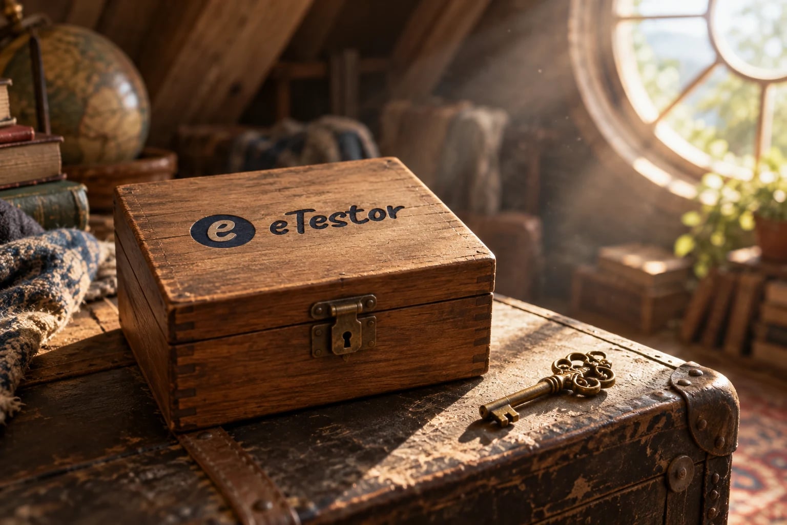 Curiosity Test: A small locked wooden box and its brass key on an old trunk in an attic