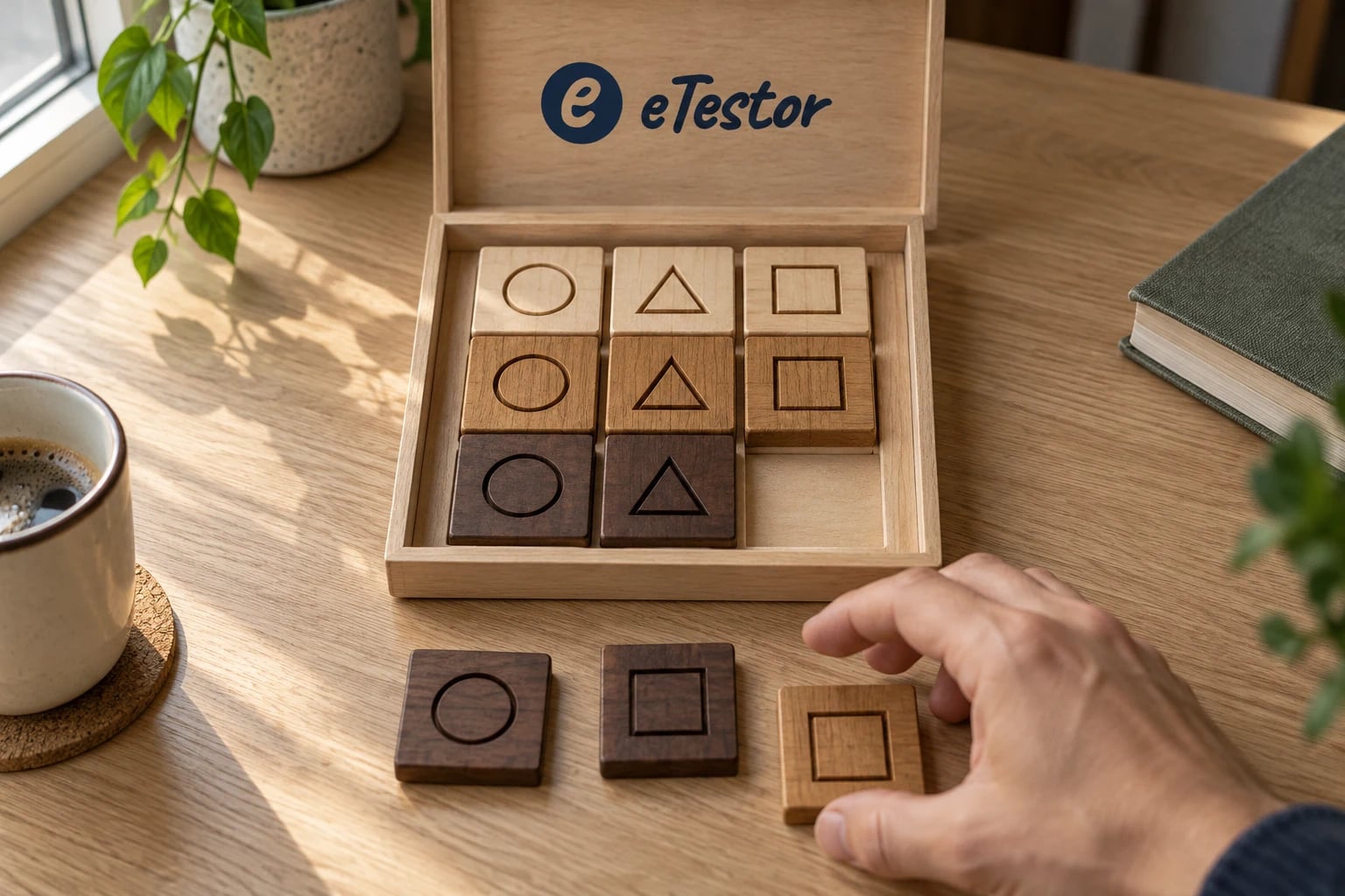 IQ Test: A 3×3 wooden shape puzzle with its last tile missing and a hand choosing between three tiles