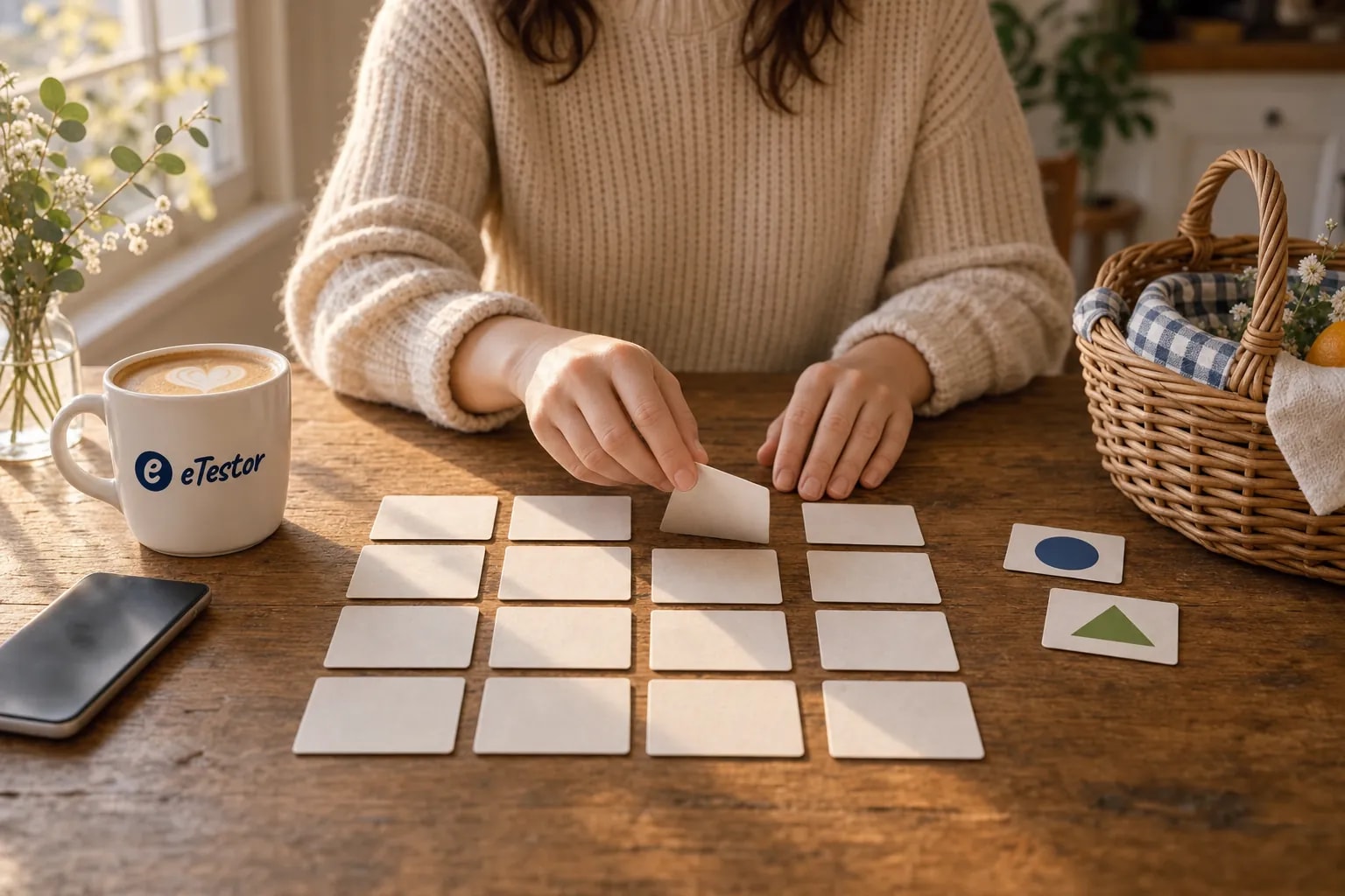 Memory Test: Hands turning over one card in a grid of face-down cards on a kitchen table beside an eTestor mug